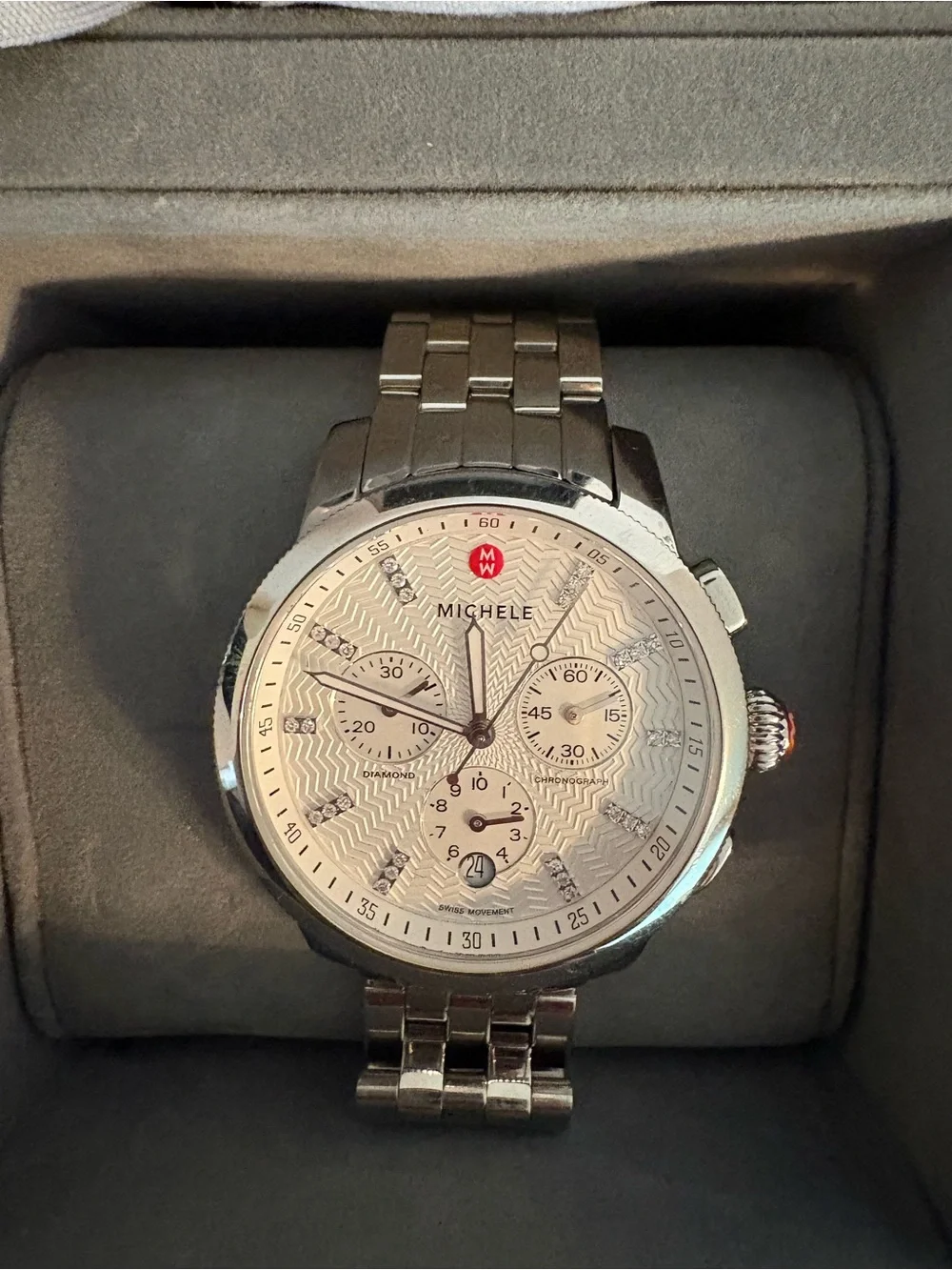 Michele Silver Stainless Steel Chronograph Watch with Diamonds. JYI03836